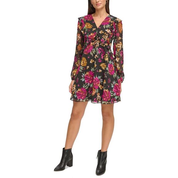 Kensie Dresses Dresses & Skirts - Kensie Dresses Womens Black V-Neck Mini Printed Fit & Flare Dress NWT